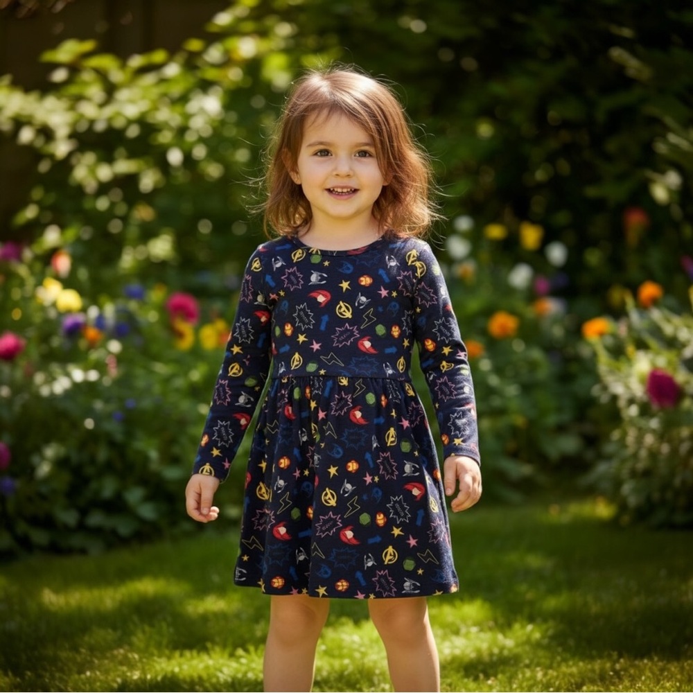 Girls Marvel Kids Dress - Black with Multicolor Superhero Print
